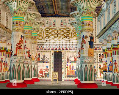 An Egyptian temple was a sanctuary and holy place where Egyptians came to worship their Gods. Stock Photo