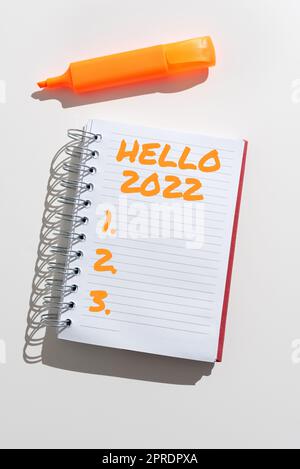 Conceptual display Hello 2022. Business approach Hoping for a greatness to happen for the coming new year Important Announcements Written On Notebook With Marker Above. Stock Photo