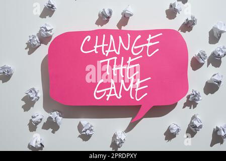 Text sign showing Change The Game. Business approach Make a movement do something different new strategies Paper Wraps Placed Around Speech Bubble With Important Information. Stock Photo