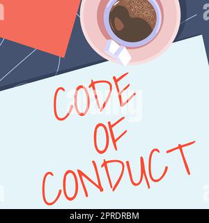 Hand writing sign Code Of Conduct. Internet Concept Ethics rules moral codes ethical principles values respect offee cup sitting on desk with notebook representing relaxed working space. Stock Photo