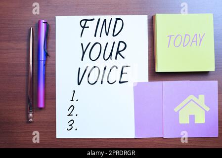 Conceptual display Find Your Voice. Word for Being able to express oneself as a writer to speak Important Messages Written On Piece Of Paper And Sticky Notes On Desk. Stock Photo