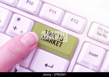 Text caption presenting Time To Market. Concept meaning Right moment for making financial movements stock exchange Man Having Magnifying Glass To Point Important Informations. Stock Photo