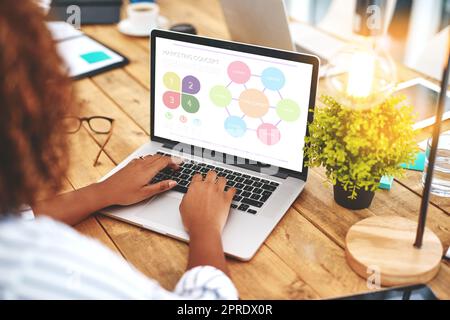 Social media agent typing on laptop, planning marketing strategy and designing interactive online flyer for email. Creative business woman searching, browsing the internet and reading promotion data Stock Photo