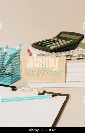 Text showing inspiration Hr Solutions. Conceptual photo Outsourced Human resources consultancy and support Experts Important Idea Shown On Phone On Desk With Cup With Pencils And Books. Stock Photo