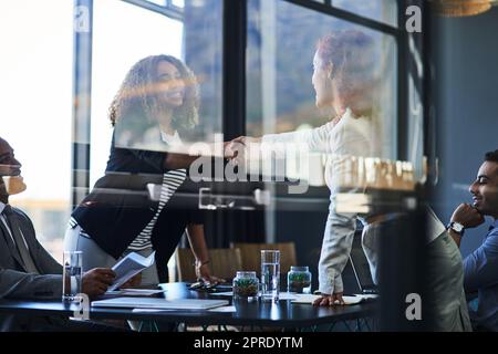 Coming to an arrangement. two young businesswomen shaking hands during a meeting in the boardroom. Stock Photo