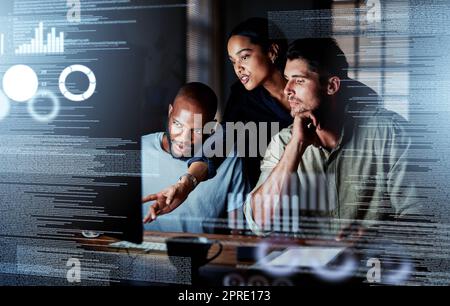 Team of programmers writing digital code in the metaverse and working together on the internet. Group of web designers developing a cybersecurity website, app or software late at night in the office Stock Photo