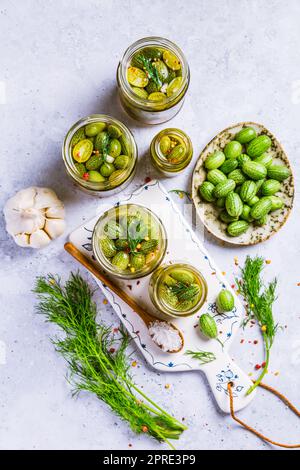 Homemade food: Pickled cucamelons (pickled cucumbers, pickled gherkins), grown in a organic kitchen Stock Photo