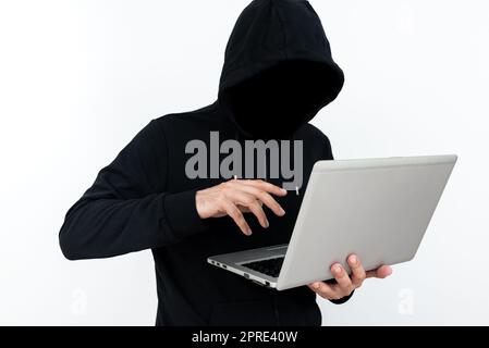 Man Standing With Laptop Presenting Cyber Security. Stock Photo
