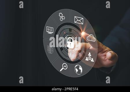 Business man touching virtual screen icons key lock security password protect database system online technology internet private. Stock Photo