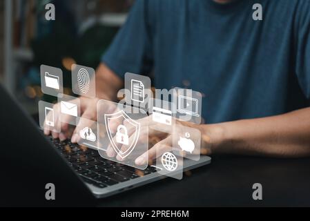 protecting online information systems via the Internet with encryption through protection against cyber theft. Stock Photo