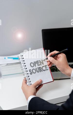 Text caption presenting Open Source, Conceptual photo contains the source code that can be modified and enhanced Stock Photo