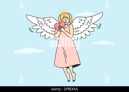 Girl soars in sky hugging heart, smiling. Joyful angel with wings, halo flies in heaven, gives people hope, love, consolation, peace, healing, care. C Stock Photo