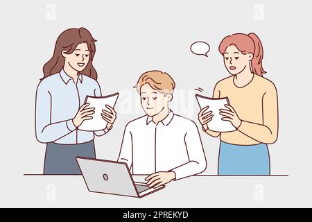 Female employee with paperwork stand near male boss or CEO in office. Businesspeople cooperate at table at workplace using computer. Teamwork. Vector Stock Photo