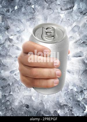 Aluminum cans in hand, on a Ice broken splash background Stock Photo