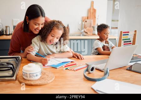 Mother and children doing homework at kitchen table, bonding and enjoying family time at home. Affectionate parent helping daughter draw or sketch after online education program for distance learning Stock Photo