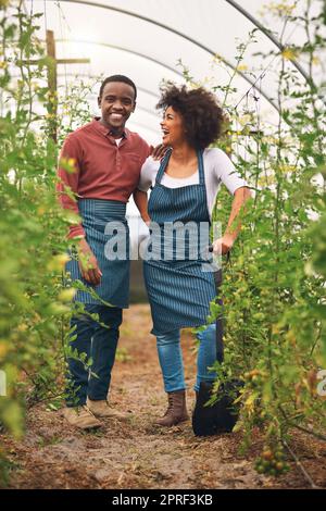 We run this farm together. Full length shot of a young farm couple standing in one of their vineyards. Stock Photo