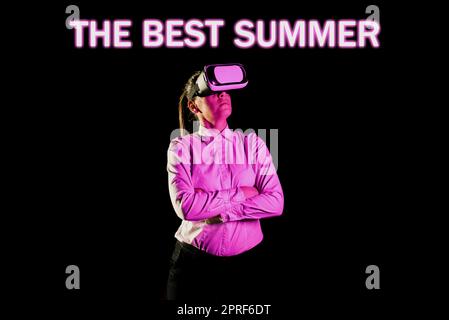 Text showing inspiration The Best Summer. Conceptual photo Great sunny season of the year exciting vacation time Businesswoman Holding Speech Bubble With Important Messages. Stock Photo