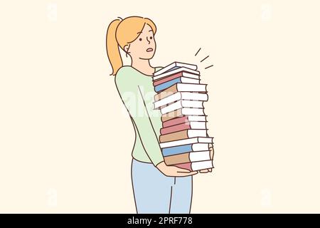 Young woman carrying stack of books from library. Female with textbooks pile. Education and knowledge. Vector illustration. Stock Photo