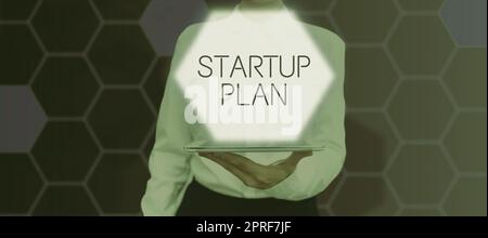 Sign displaying Startup Plan. Concept meaning Development starting planning for newly emerged companies Lady in suit holding pen symbolizing successful teamwork accomplishments. Stock Photo