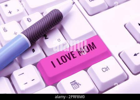 Hand writing sign I Love Mom. Word Written on Good feelings about my mother Affection loving happiness Businesswoman Holding Speech Bubble With Important Messages. Stock Photo