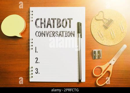 Text showing inspiration Chatbot Conversation. Business approach Chatting with virtual assistant artificial intelligence Woman Holding Note With Important News And Pointing On It With Pen. Stock Photo