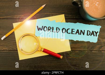 Sign displaying World Ocean Day. Word for Worldwide celebration for big bodies of salt water Businessman With Tablet Pointing Digital S In Pattern And Information. Stock Photo
