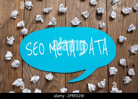 Text caption presenting Seo Meta Data. Conceptual photo Search Engine Optimization Online marketing strategy Colorful Paperclips Placed Around Speech Bubble With Important Information. Stock Photo