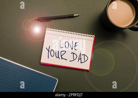 Text caption presenting Love Your Dad. Word for Have good feelings about your father Loving emotions Man Typing On Lap Top And Woman Pointing With One Finger On Important News. Stock Photo