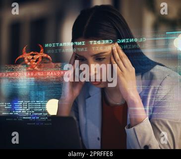 Cyber security, hacking and data analytics employee, tired from working on it, software engineering glitch. Big data, cloud computing and information technology worker with credit database hacker Stock Photo