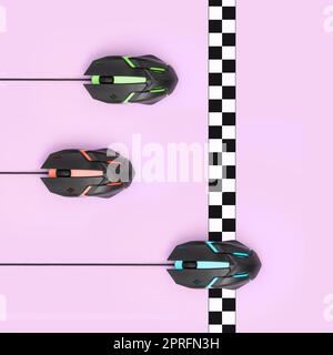 Metaphor of a sports race among computer mouses approaching the checkered finish line. The concept of eSports, high-speed hardware, Internet connectio Stock Photo
