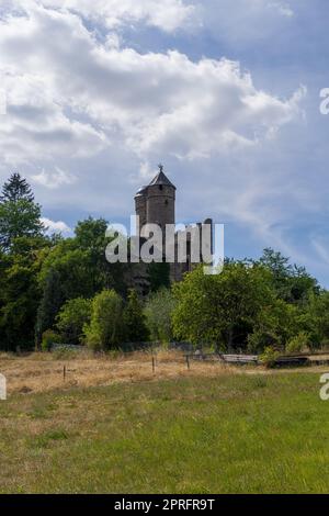 Ancient castle ruin called Greifenstein in the same called german village at summer Stock Photo