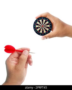 Human hand throwing darts, Male hand target holding a dart board. Idea concept business Stock Photo