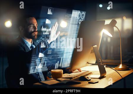 Data, virtual screen and business man using touchscreen technology dashboard to work at desk. Futuristic desktop design in corporate agency for professional data projection of graphs analytics. Stock Photo