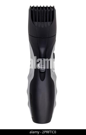 Close-up of a new black silver rechargeable beard and hair clipper isolated on a white background. Clipping path. Cordless hair and beard trimmer. Macro. Stock Photo