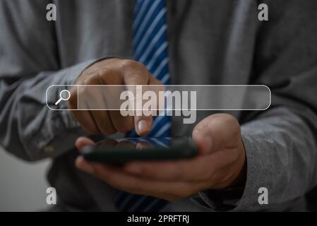 SearchEngine Optimization SEO Searching Browsing Internet Data Information with blank search bar. Business online social media Network technology concept.hand businessman working with smartphone. Stock Photo