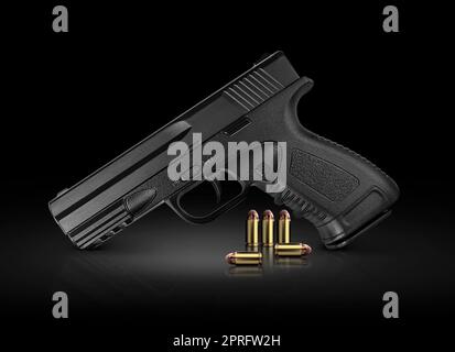 gun metal and bullet on black background with reflexion. 3d render Stock Photo