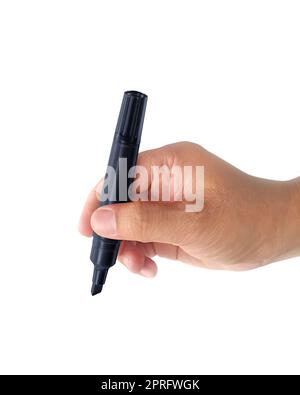 Man hand holding black magic pen on white Stock Photo