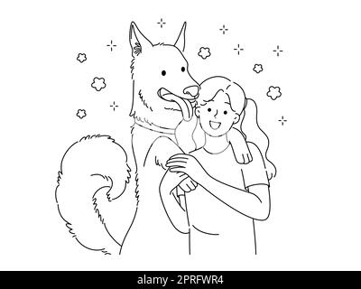 Happy little girl hugging with dog show affection and love. Smiling kid embracing cuddling with pet. Ownership and friendship. Vector illustration. Stock Photo