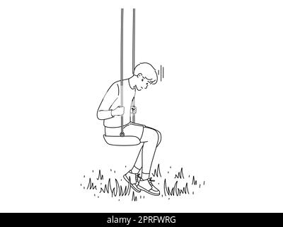 Sad small boy sit on swing suffer from loneliness or solitude. Unhappy little kid struggle with bullying or feeling lonely and abandoned. Vector illus Stock Photo
