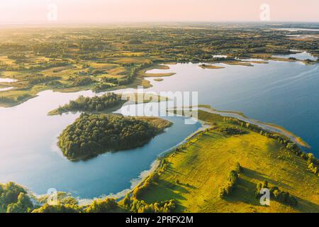 Braslaw Or Braslau, Vitebsk Voblast, Belarus. Aerial View Of Nedrava Lake. Landscape In Sunny Morning. Top View Of Beautiful European Nature From High Attitude. Bird's Eye View. Famous Lakes. Natural Landmarks Stock Photo