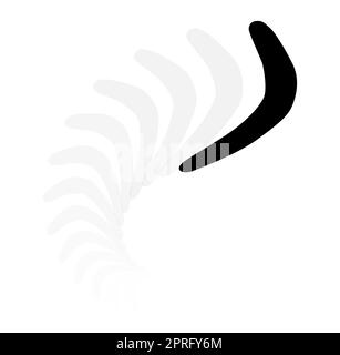 A typical Aboriginal boomerang in silhouetted with spin over a white background Stock Photo