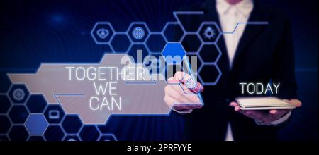 Writing displaying text Together We Can. Conceptual photo Unity can makes everything possible One powerful group Lap Top, Pencils, Calculator, Paperclips And Sticky Notes Placed On Desk. Stock Photo