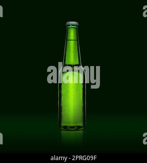 3D render. Single green beer bottle without brand designation. Full glass bottle covered with water drops against green illuminated background. Alcoho Stock Photo