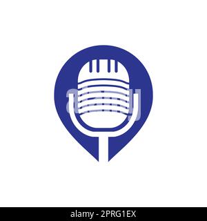 Podcast and map pin logo design. Studio table microphone with broadcast ...