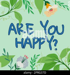 Text caption presenting Are You Happy, Internet Concept Asking if you are fulfilled in your life enjoying moments Lady standing front backdrop holding Stock Photo