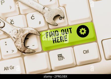 Sign displaying Find Out Here. Business showcase What you are looking for can be found watching this Signal Hand Of Woman With Blank Sheet Representing Advertisement And Branding. Stock Photo