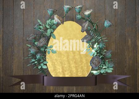 3D Illustration. 3D Rendering , Abstract 3d gold curved ribbon on rose gold background with lighting effect with copy space for text. Luxury frame design style.  Concept Halloween Stock Photo