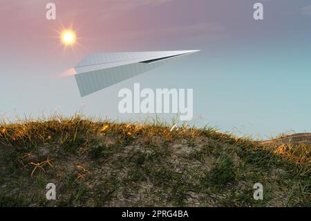3D Illustration. 3D Rendering , Concept of business success  to the target , startup , creative idea . Paper plane white flying on sky between cloud. beautiful natural landscape. Stock Photo