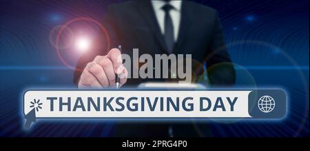 Writing displaying text Thanksgiving Day. Word for Celebrating thankfulness gratitude November holiday Speech Bubble With Important Information Placed In Front Of Net. Stock Photo