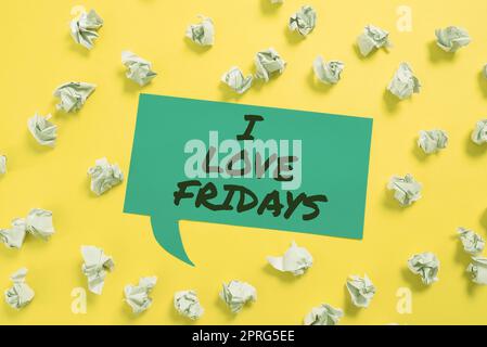 Conceptual caption I Love Fridays. Word for Affection for the start of the weekend enjoy days off Lady in suit holding pen symbolizing successful teamwork accomplishments. Stock Photo